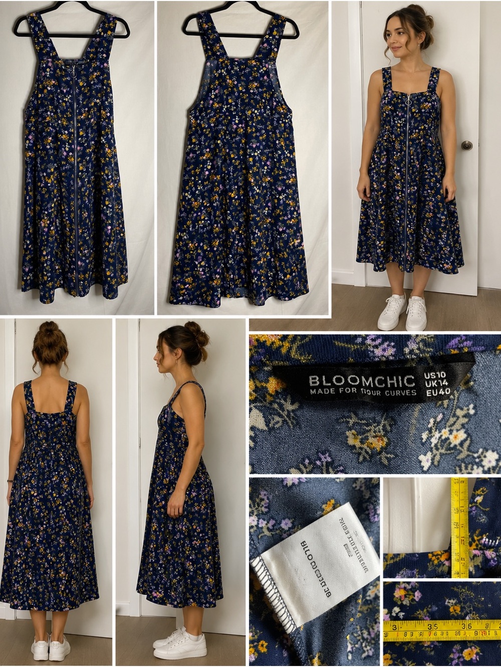 BloomChic Floral Zip Front Pinafore Midi Dress Navy Cottagecore Size 10